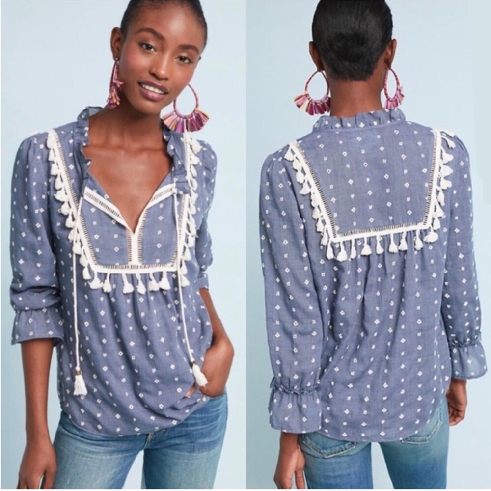 Anthropologie Maeve Blogger Fave Sawyer Peasant Top in Blue Size Small